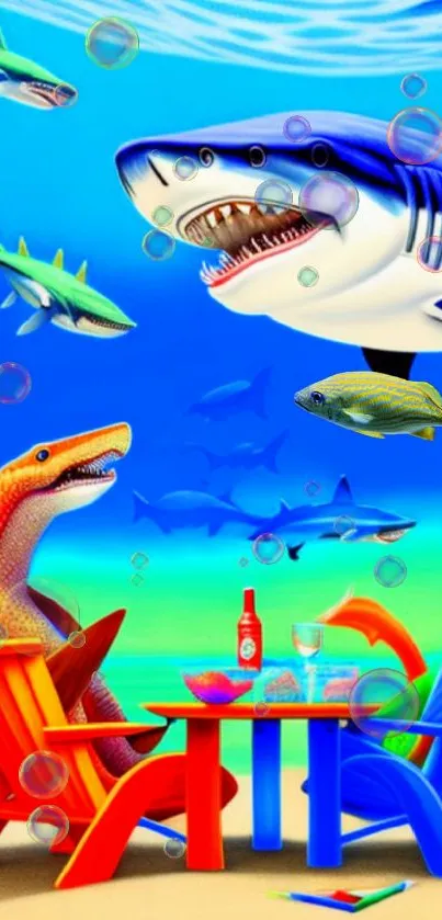 Colorful beach scene with sharks and chairs in a vibrant wallpaper design.