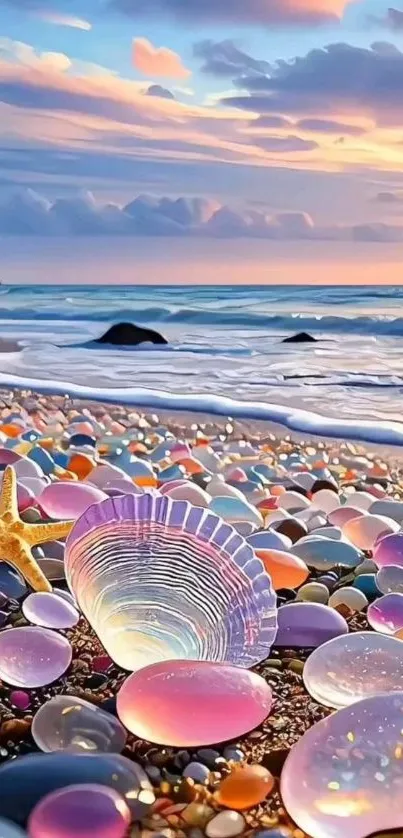 Colorful beach with shells and stones at sunset creating a vibrant scene.