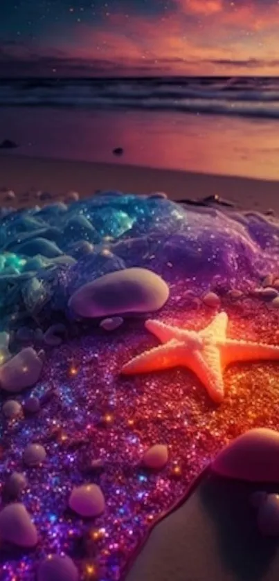 Colorful beach scene with a glowing starfish at sunset.