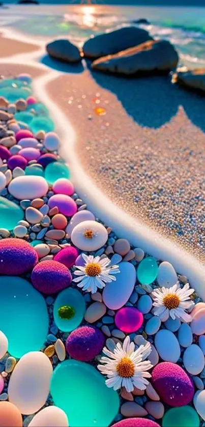 Vibrant beach stones and flowers in a sunset scene wallpaper.