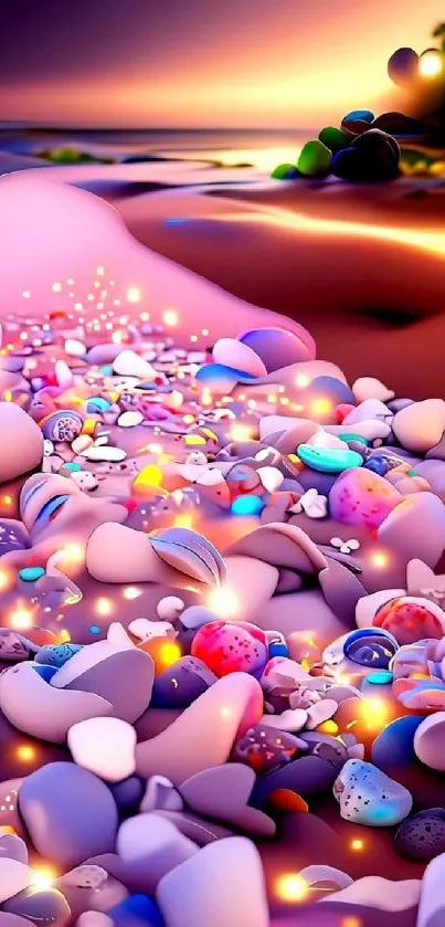 Vibrant mobile wallpaper with colorful stones on a beach at sunset.