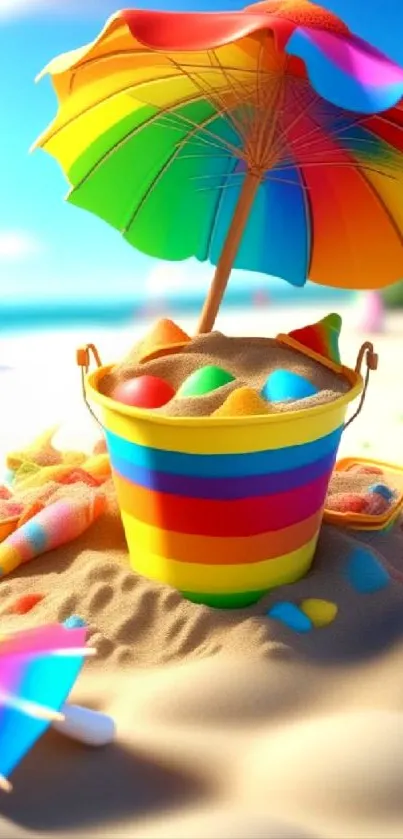 Bright beach scene with rainbow umbrella and sand bucket, perfect for summer.