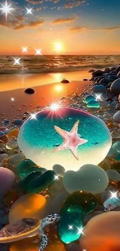 Vibrant beach sunset with colorful sea glass and starfish.