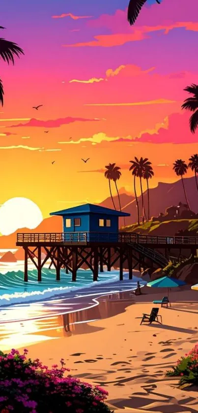 Vibrant sunset beach scene with palm trees and waves.