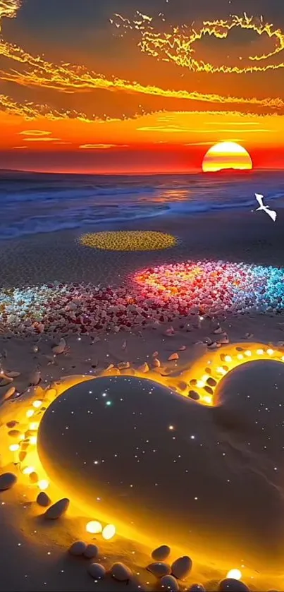 Vibrant sunset with heart-shaped sand art on the beach.