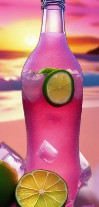 Vibrant pink bottle with limes at sunset beach.