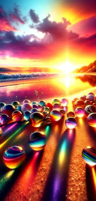 Vibrant sunset and marbles on a fantasy beach.