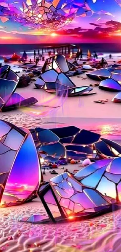 Abstract beach sunset with vibrant glass shards.