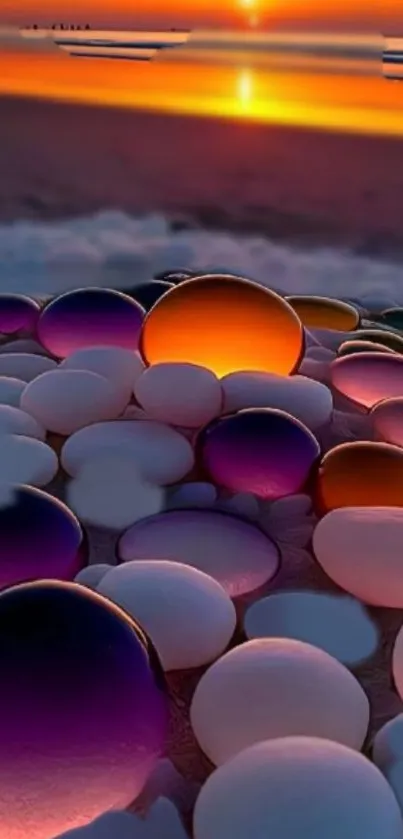 Sunset beach with colorful spherical stones, creating a serene mobile wallpaper design.