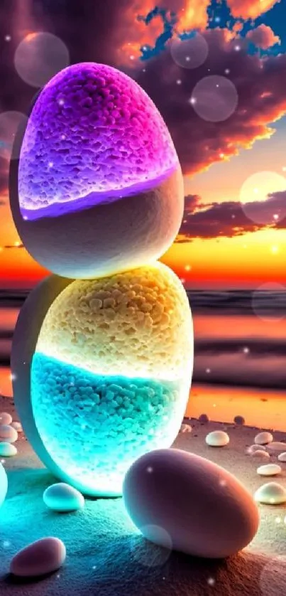 Colorful glowing stones on a beach at sunset creating a vibrant atmosphere.