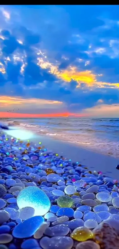 Vibrant sunset over a pebble-strewn beach with colorful clouds.