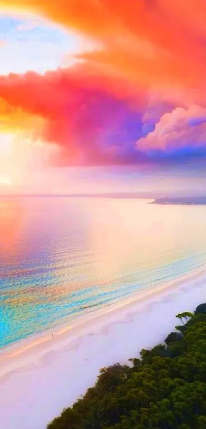 Vibrant beach sunset with orange skies and calm ocean waves.