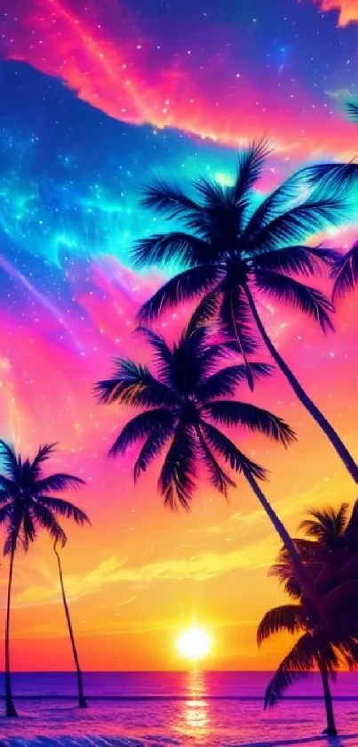 Vibrant beach sunset with palm trees and colorful sky wallpaper.