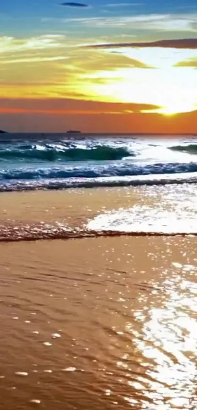 Stunning beach sunset with golden sky and shimmering ocean waves.