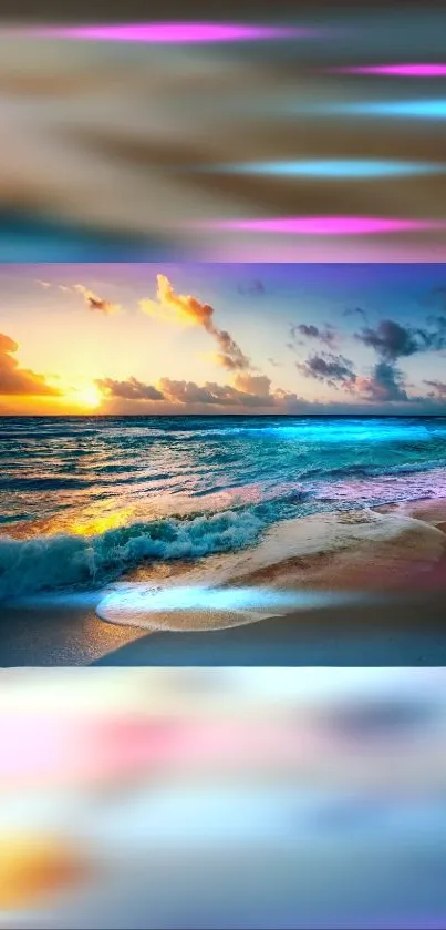 Vibrant beach sunset with ocean waves and colorful clouds.