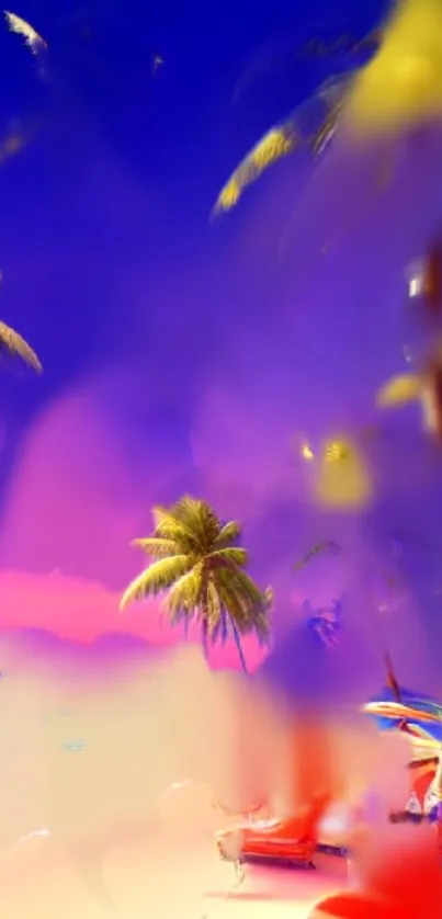 Vibrant sunset beach wallpaper with palm trees against a vivid violet sky.