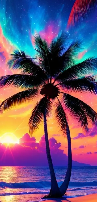 Vibrant beach sunset with palm silhouettes and colorful skies.