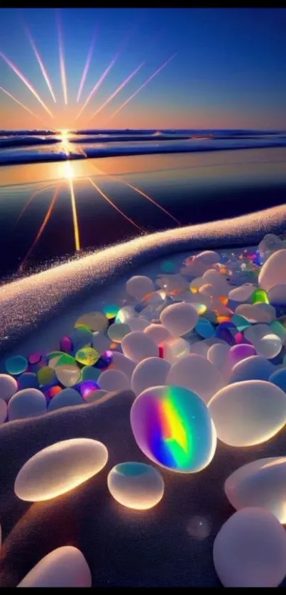 Beach sunset with glowing shells and vibrant ocean reflections.