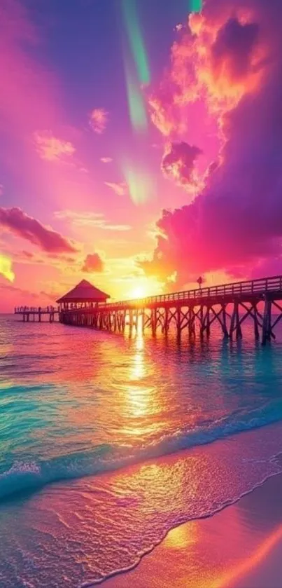 Tropical beach sunset with a colorful sky and a pier extending into the ocean.