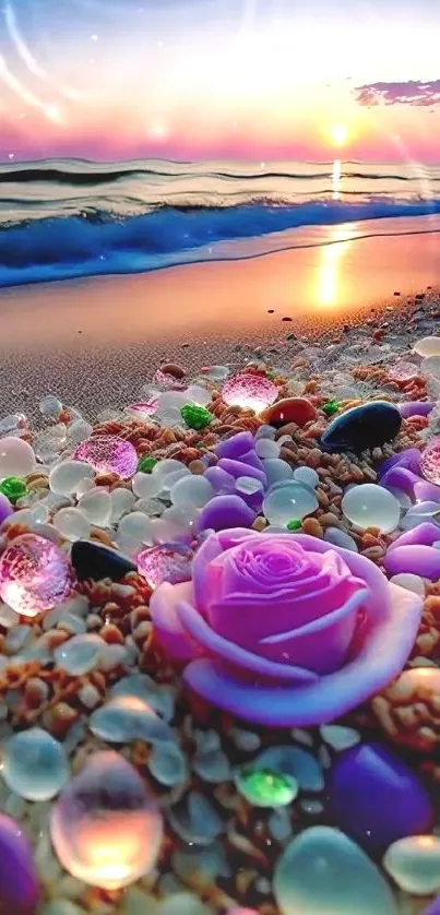 Beach sunset with colorful pebbles and a pink rose.