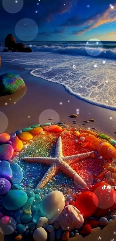 Colorful starfish pattern on a beach at sunset with vibrant stones.