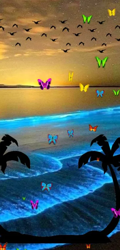 Vibrant beach sunset with glowing waves and colorful butterflies.