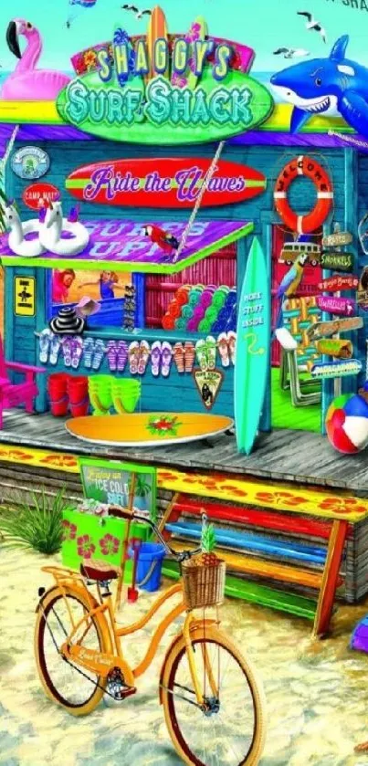 Colorful beach surf shack with summer vibes and ocean view.