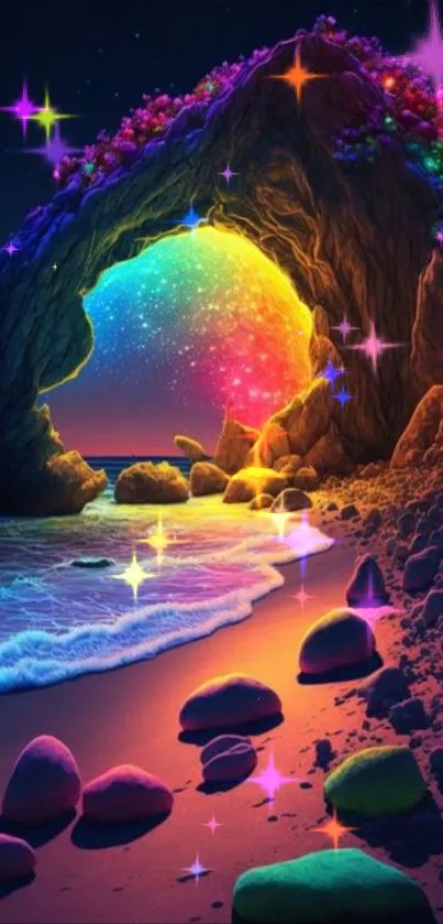 Vibrant neon tunnel beach under a starry sky with colorful rocks.