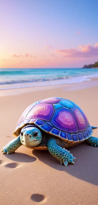 Colorful turtle on a beach at sunset with ocean waves.