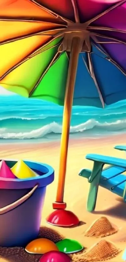 Vibrant beach scene with colorful umbrella and ocean.