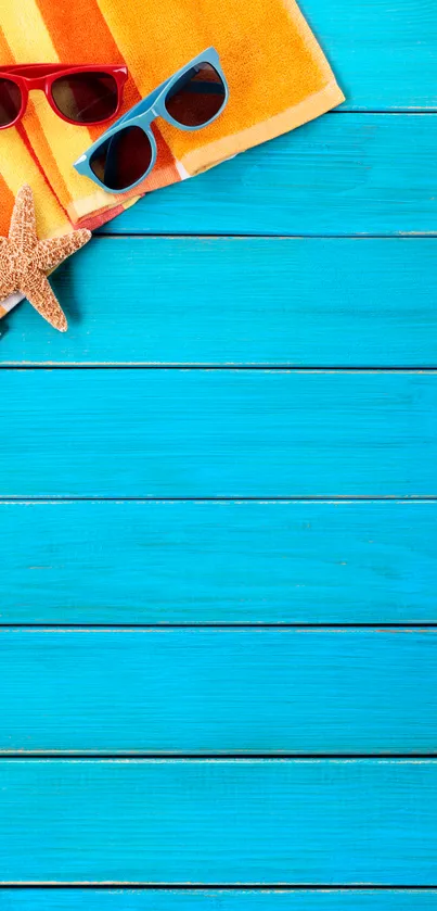 Vibrant beach-themed mobile wallpaper with blue planks and starfish.