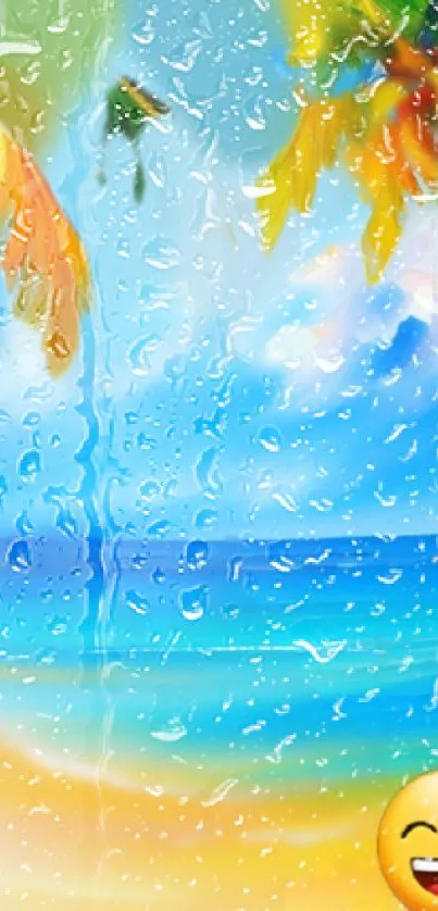 Vibrant beach scene with raindrop effect and a smiling emoji.