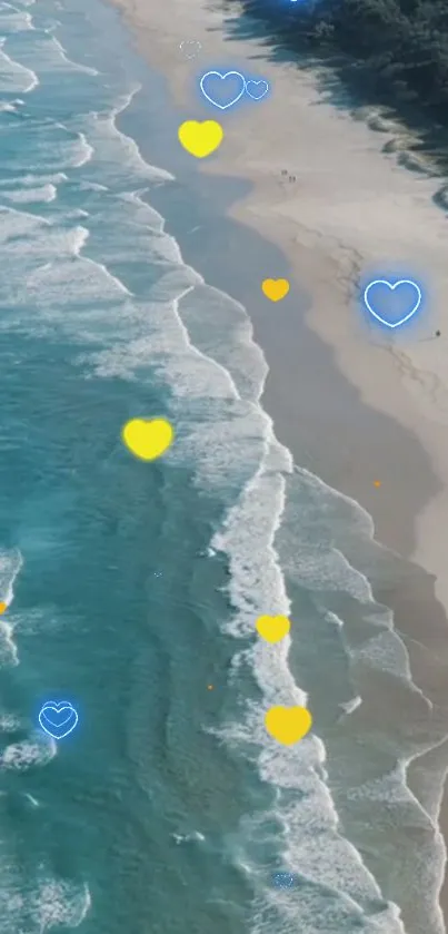 A mobile wallpaper featuring ocean waves and heart icons on a sandy beach.