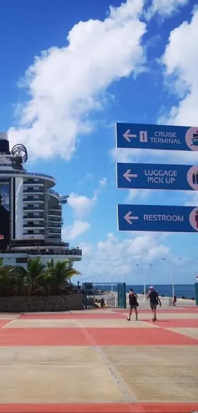 Beachfront cityscape with blue skies and colorful pathways.