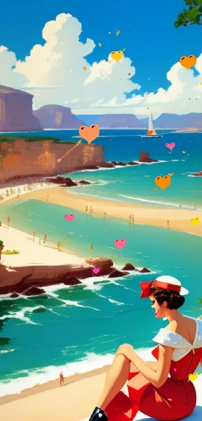 Vintage-inspired seaside illustration with vibrant beach and ocean view.