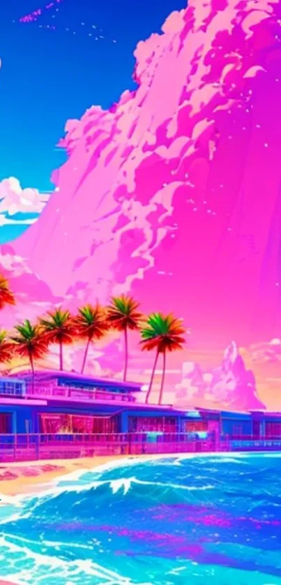 Vibrant pink and blue beachscape with palm trees.