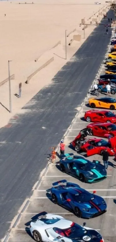 Vibrant sports cars lined up on a sunny beach road.