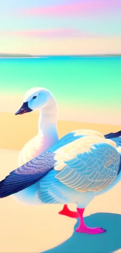 Colorful goose on a sandy beach with aqua blue ocean.