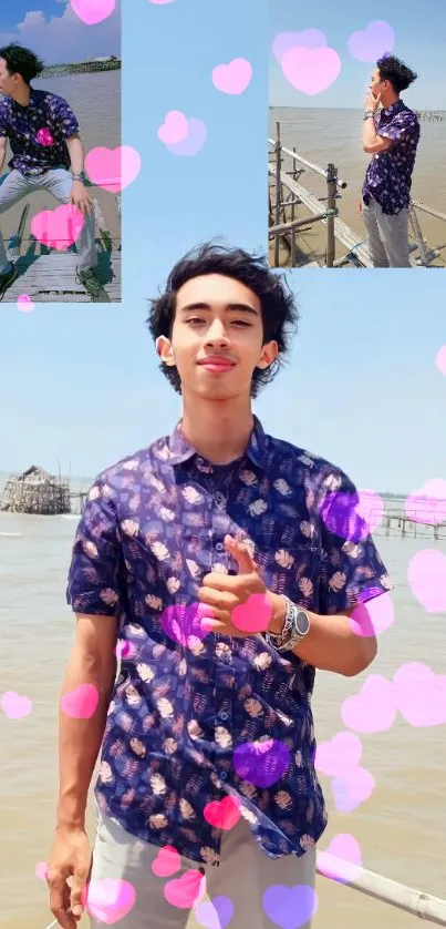 Young man on sunny dock with pink hearts overlay.