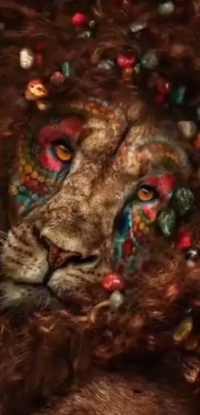 Intricate beaded lion art wallpaper with vivid colors and detailed beadwork.