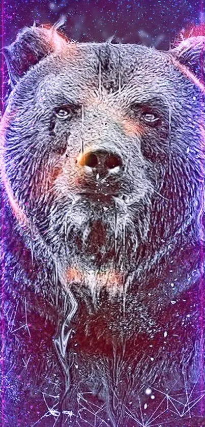 Abstract vibrant bear art with purple hues.