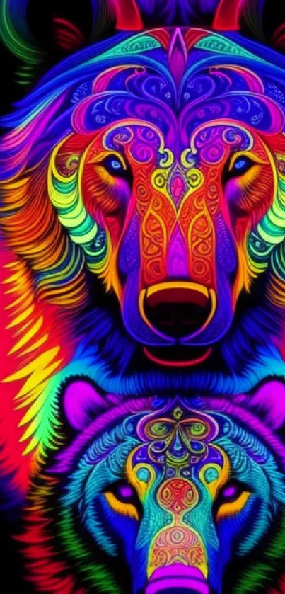 Vibrant neon bear face with intricate patterns.