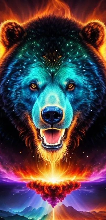 Neon bear with fiery accents on colorful wallpaper.