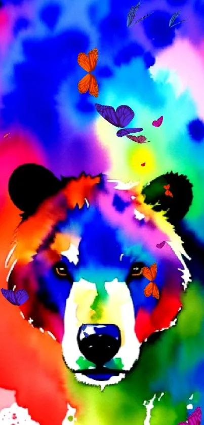 Vibrant bear in colorful abstract watercolor art.