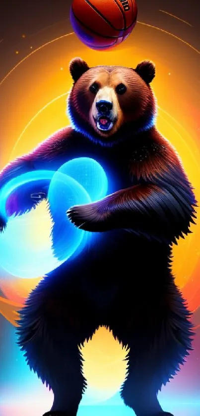 Dynamic bear playing with basketball in colorful digital art wallpaper.