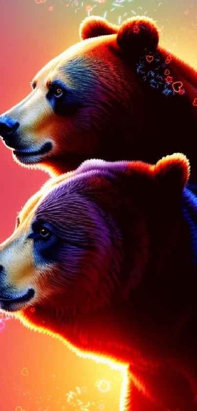 Two vibrant grizzly bears on a colorful gradient background wallpaper.