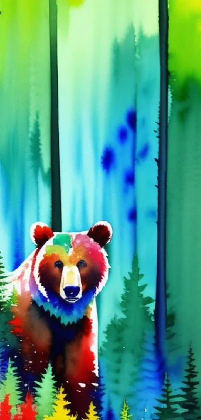 Colorful bear in watercolor forest art wallpaper.