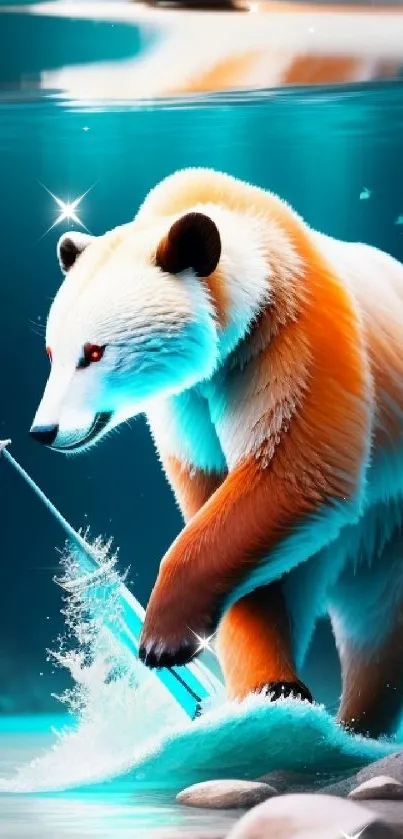 Bear in turquoise water with vibrant digital art design.