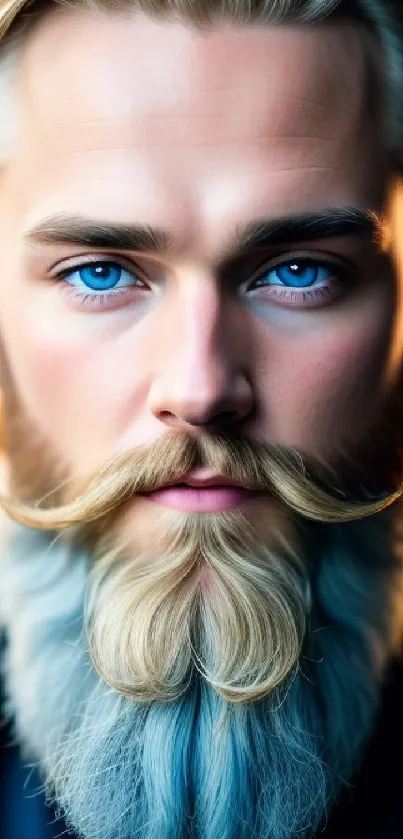 Portrait of a bearded man with blue eyes in vibrant colors.