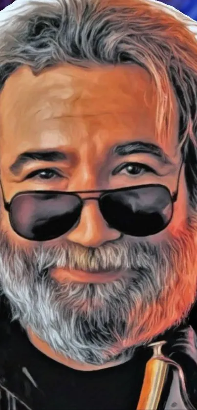 Artistic portrait of a bearded man with sunglasses in vibrant colors.